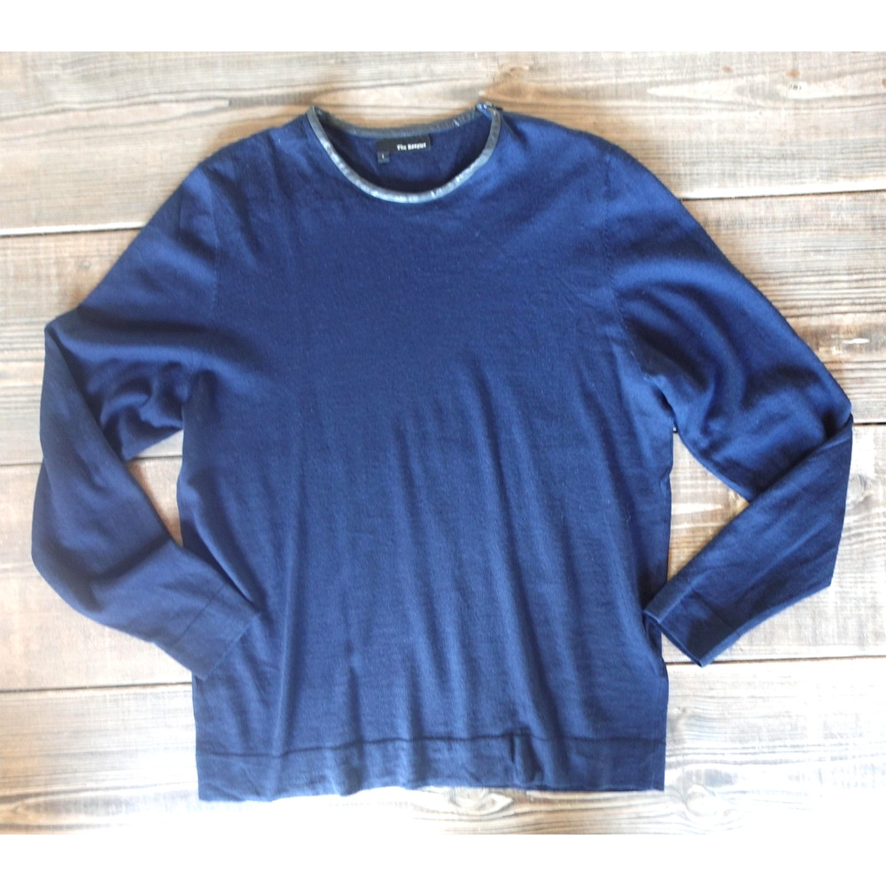 The Kooples Sweater Womens Large Blue‎ Merino Wool Leather Trim Knit Pullover